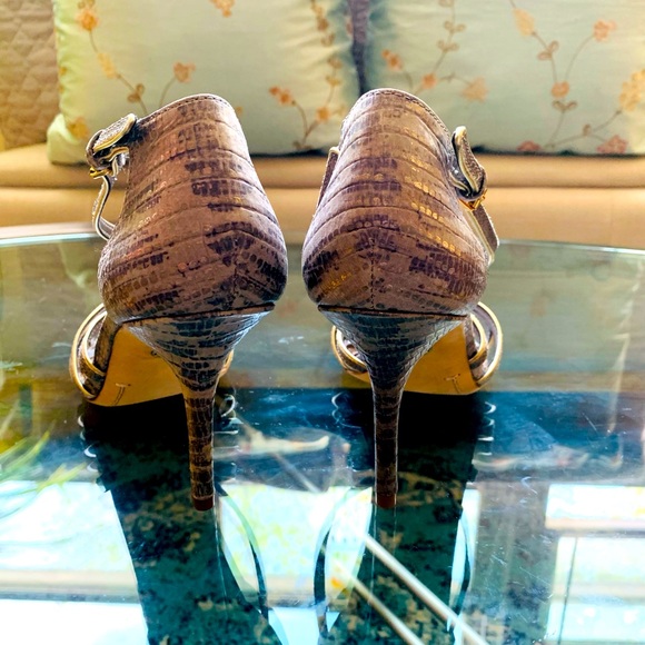 ✨Tory Burch✨ Gray & Metallic Gold Trim Snakeskin Leather Cross Strap Stiletto - Picture 3 of 16